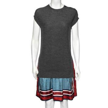 Pre Owned Louis Vuitton Grey Wool Pleated Hem Dress S