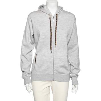 Pre Owned Louis Vuitton Grey Cashmere & Cotton Hooded Zip Front Jacket L