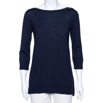 Pre Owned Louis Vuitton Navy Blue Wool Crew Neck Sweater M
