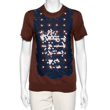 Pre Owned Louis Vuitton Brown Wool Floral Sequin Embellished Top S