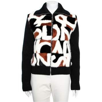 Pre Owned Louis Vuitton Black & Intarsia Fur Knitted Zip Front Cardigan S