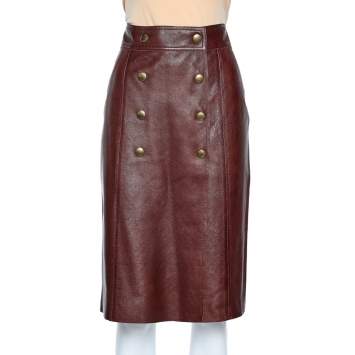 Pre Owned Louis Vuitton Burgundy Leather Button Front Faux Wrap Skirt L