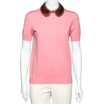 Pre Owned Louis Vuitton Pink Wool Embellished Collar Detailed Top S