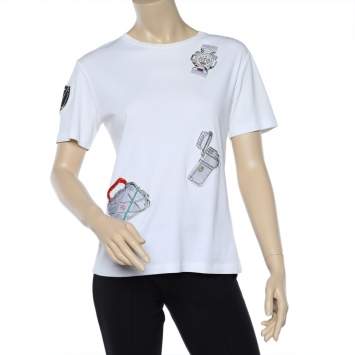 Pre Owned Louis Vuitton White Cotton Knit Patch Detail Round Neck T-Shirt S