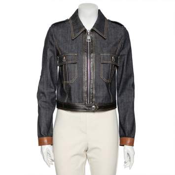 Pre Owned Louis Vuitton Blue Denim Leather Trimmed Zip Front Jacket M