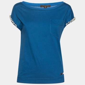 Pre Owned Louis Vuitton Blue Cotton Pearl Embellished T-Shirt XS