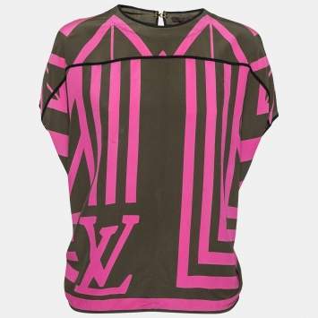 Pre Owned Louis Vuitton Olive Green and Pink Printed Silk Blouse M