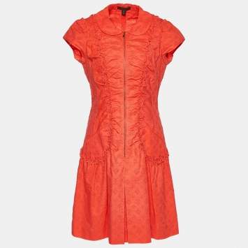 Pre Owned Louis Vuitton Orange Cotton Eyelet Flared Dress M