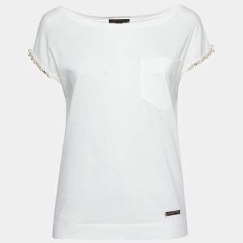 Pre Owned Louis Vuitton White Cotton Pearl Embellished Short Sleeve Top XS