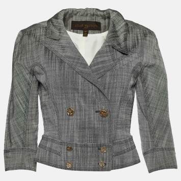 Pre Owned Louis Vuitton Grey Textured Silk Double Breasted Cropped Blazer S