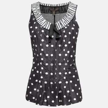 Pre Owned Louis Vuitton Black Polka Dot Printed Silk Contrast Collar Detail Top S
