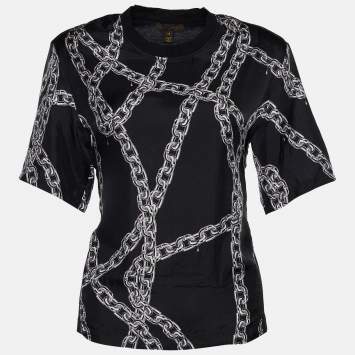 Pre Owned Louis Vuitton Black Chain Print Silk & Cotton Crew Neck T-Shirt M