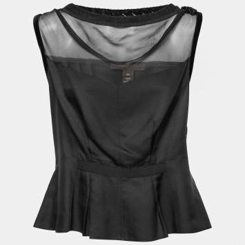 Pre Owned Louis Vuitton Black Silk Rose Applique Sleeveless Peplum Top L