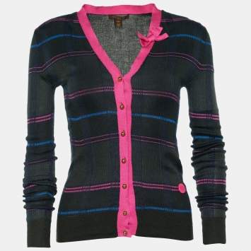 Pre Owned Louis Vuitton Dark Green Checked Cashmere & Silk Knit Cardigan XS