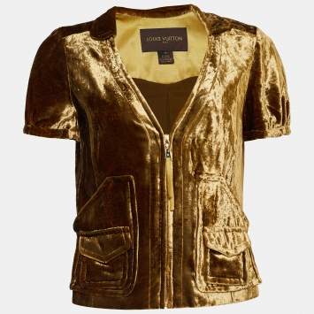 Pre Owned Louis Vuitton Gold Velvet Zip Front Cropped Jacket S