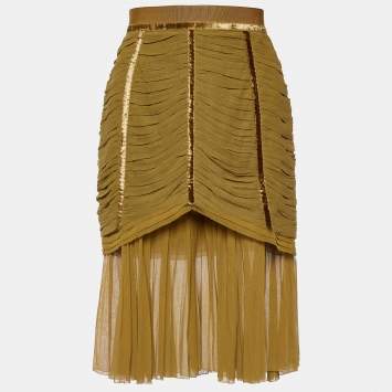 Pre Owned Louis Vuitton Olive Green Cotton Ruched Knee Length Skirt M