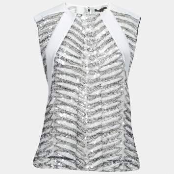 Pre Owned Louis Vuitton White Mohair Sequin Embellished Cut Sleeve Top M