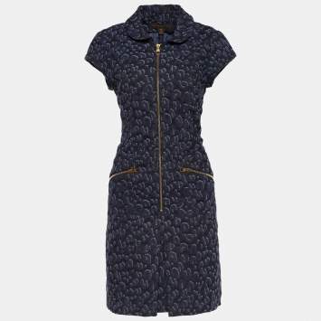 Pre Owned Louis Vuitton Navy Blue Leopard Pattern Denim Zip Front Dress L
