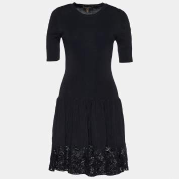 Pre Owned Louis Vuitton Black Knit & Sequined Monogram Lace Midi Dress M