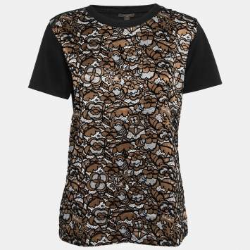 Pre Owned Louis Vuitton Black & Brown Flocked Floral Silk & Cotton Short Sleeve T-Shirt L
