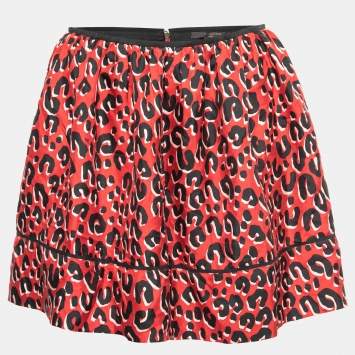 Pre Owned Louis Vuitton Red Leopard Print Silk Mini Skirt S  