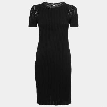 Pre Owned Louis Vuitton Black Pointelle-Knit Braided Neck Midi Dress S 