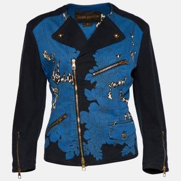 Pre Owned Louis Vuitton Blue Floral & Leopard Print Denim Zip Up Jacket L