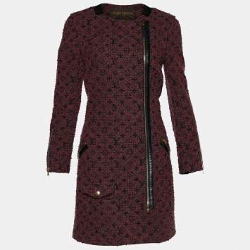 Pre Owned Louis Vuitton Maroon Tweed Zip Front Jacket S