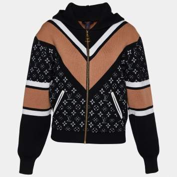 Pre Owned Louis Vuitton Black Monogram Jacquard Knit Zip Up Hoodie XS