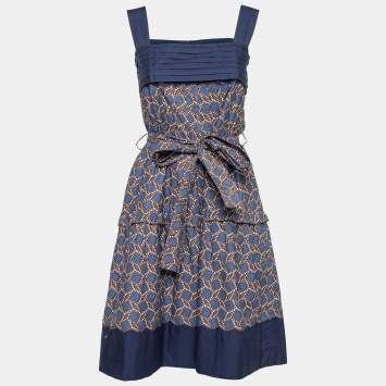 Pre Owned Louis Vuitton Blue & Brown Printed Cotton Belted Sleeveless Dress S