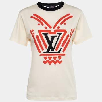 Pre Owned Louis Vuitton Cream Logo Print Cotton Crewneck T-Shirt S  