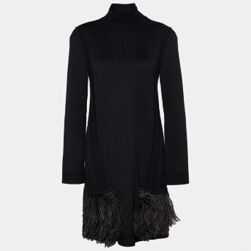 Pre Owned Louis Vuitton Black Wool Knit Feather Trim Turtleneck Dress XL