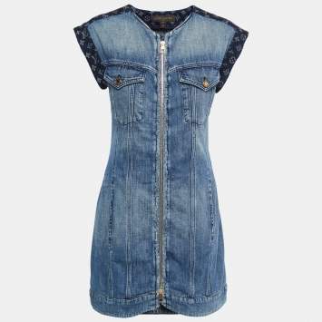 Pre Owned Louis Vuitton Blue Monogram Denim Zip-Up Dress S
