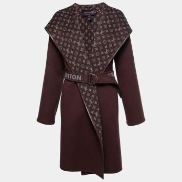 Pre Owned Louis Vuitton Burgundy Wool Monogram Belted Hooded Wrap Coat M