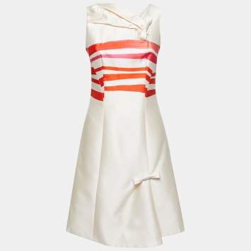 Pre Owned Louis Vuitton Cream Striped Silk Bow Detail Sleeveless Dress S