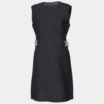 Pre Owned Louis Vuitton Black tweed Embellished Waist Detail Sleeveless Sheath Dress M