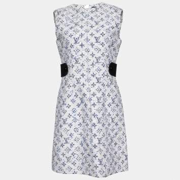 Pre Owned Louis Vuitton White Monogram Tweed & Leather Trim Sheath Dress M