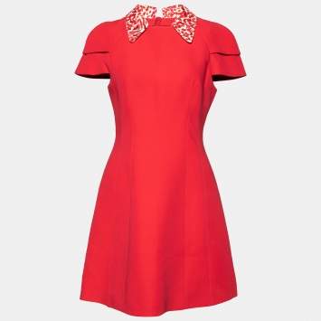 Pre Owned Louis Vuitton Pink Wool & Silk Embellished Detachable Collar Mini Dress S