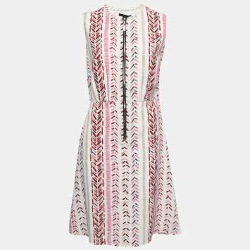 Pre Owned Louis Vuitton White Printed Silk Sleeveless Midi Dress L