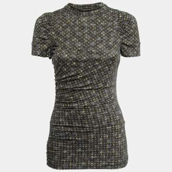 Pre Owned Louis Vuitton Black Monogram Wool Knit Ruched Mini Dress M
