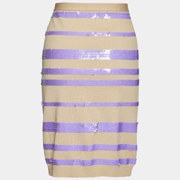 Pre Owned Louis Vuitton Beige Knit Striped Sequined Mini Skirt L