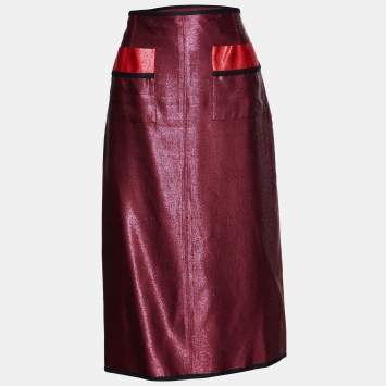 Pre Owned Louis Vuitton Burgundy Lurex Silk Midi Skirt M