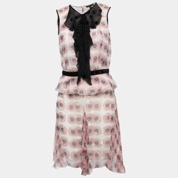 Pre Owned Louis Vuitton White Floral Printed Silk Ruffled Top & Skirt Set S/M