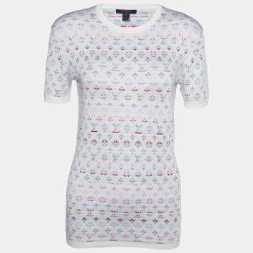 Pre Owned Louis Vuitton White Silk Logo Jacquard Knit T-Shirt S