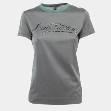 Pre Owned Louis Vuitton Grey Logo Sequined Cotton Short Sleeve T-Shirt S