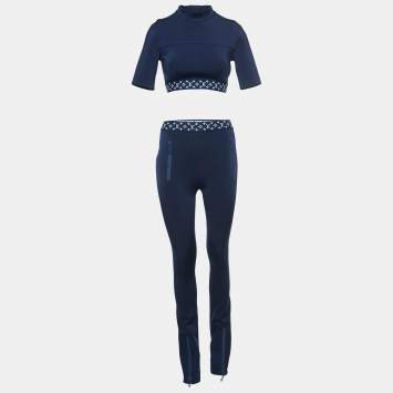 Pre Owned Louis Vuitton Navy Blue Monogram Stretch Knit Flight Mode Crop Top and Jeggings Set S