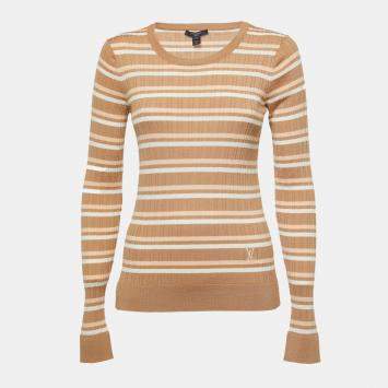 Pre Owned Louis Vuitton Beige Striped Wool Round Neck Jumper M