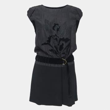 Pre Owned Louis Vuitton Black Embroidered Crepe Belted Mini Dress S