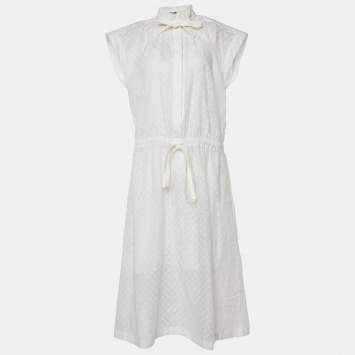 Pre Owned Louis Vuitton White Monogram Fil Coupé Lavaliere Collar Dress S