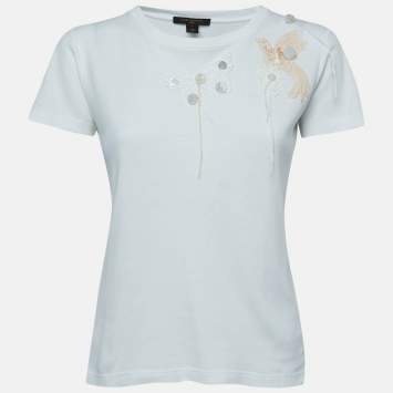 Pre Owned Louis Vuitton White Cotton Lace Applique Short Sleeve T-Shirt L